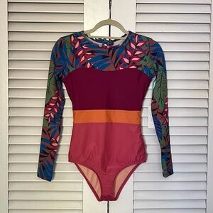 Seea Long Sleeve One-Piece Swimsuit in Berry, Coral & Tropical Print